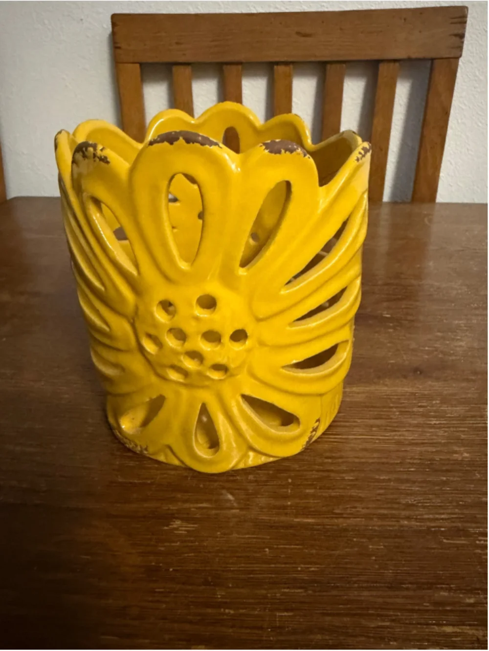 Yellow Ceramic Floral Cutout Candle Holder Luminary Distressed 6” Boho Decor